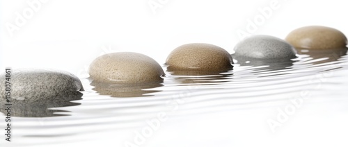 Four smooth stones float gently on calm water, creating a serene and balanced image. photo