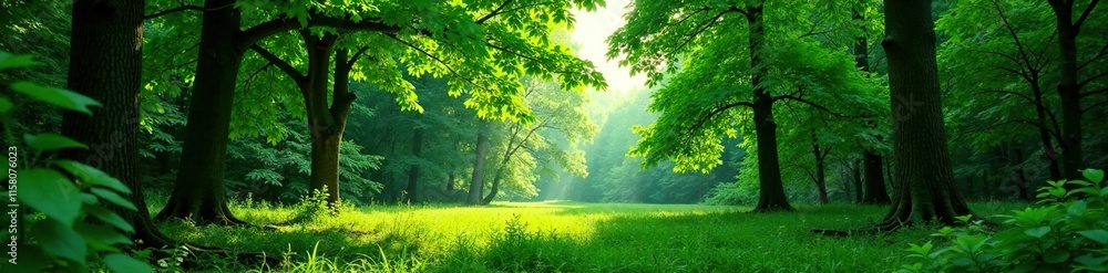 Fototapeta premium Dense foliage of green trees surrounding a clearing, verdant landscape, forest, dappled light