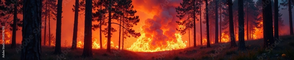 Fire raging through the trees of a pine forest in hot weather, blaze, flames, forest Fire raging through the trees of a pine forest in hot weather, blaze, flames, forest
