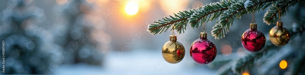 Frosty morning scene featuring an evergreen branch adorned with colorful glass ornaments, evergreen, glass, ornaments Frosty morning scene featuring an evergreen branch adorned with colorful glass ornaments, evergreen, glass, ornaments