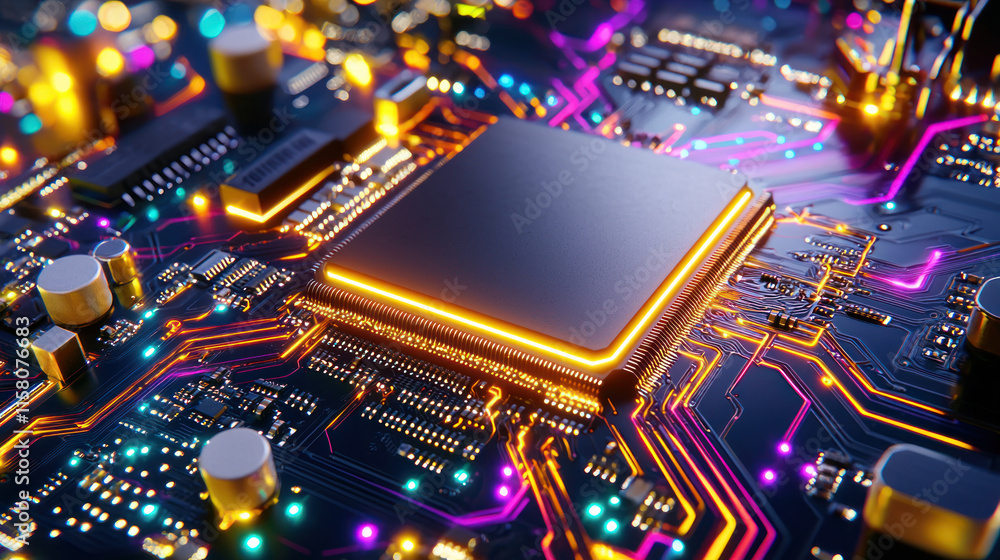 cinematic close up of circuit board showcasing intricate details and vibrant colors, highlighting technology precision and cinematic close up of circuit board showcasing intricate details and vibrant colors, highlighting technology precision and