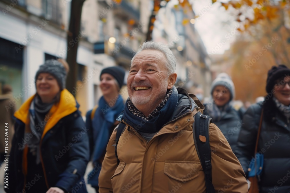 Portrait of a smiling senior man with his family walking in the city Portrait of a smiling senior man with his family walking in the city
