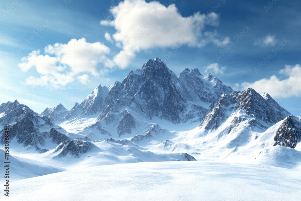 Majestic mountain peaks under a bright sky with clouds and ample space for creative text placement and design. Generative AI Majestic mountain peaks under a bright sky with clouds and ample space for creative text placement and design. Generative AI