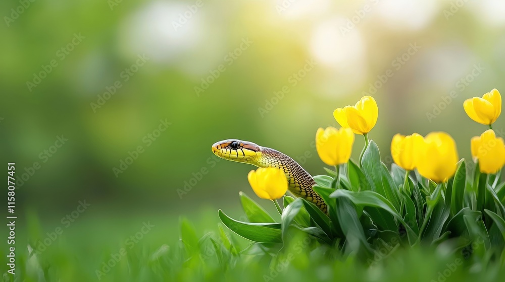 Snake Among Vibrant Yellow Tulips in Nature Snake Among Vibrant Yellow Tulips in Nature