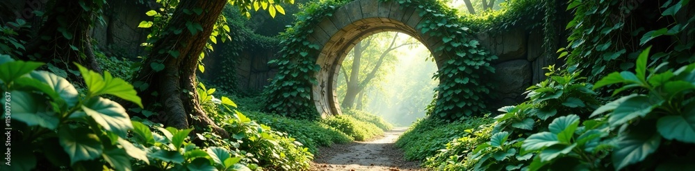 Fototapeta premium Lush vegetation and vines surrounding the portal with sunlight filtering through, overgrowth, sunbeams, wilderness