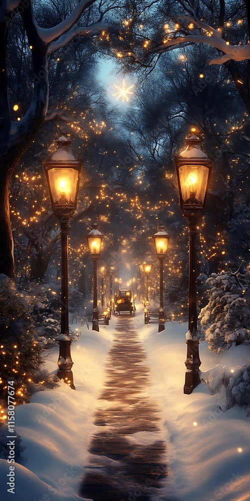 Obraz premium Magical snowy path with glowing lights.