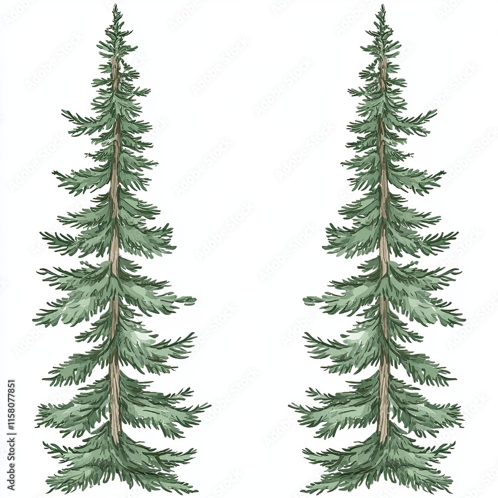 Fototapeta premium Pair of Evergreen Trees Watercolor Illustration