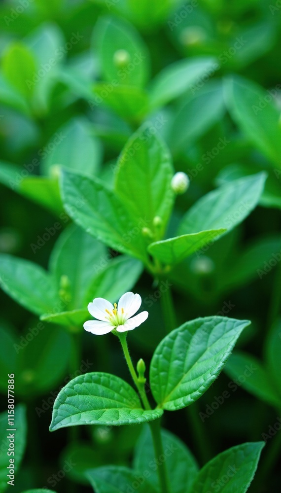 Mint green foliage with delicate white flowers, bloom, lush Mint green foliage with delicate white flowers, bloom, lush