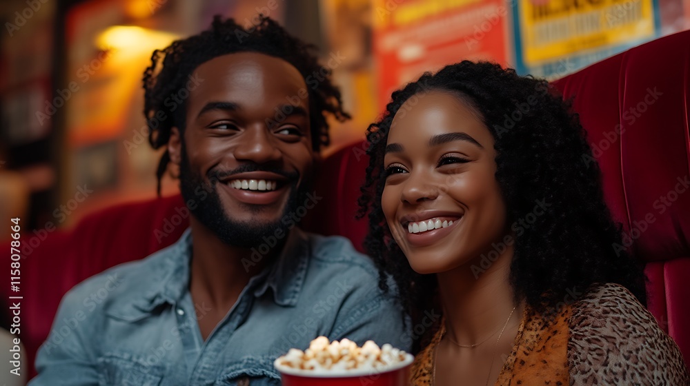 Happy couple enjoying movie, popcorn. Happy couple enjoying movie, popcorn.
