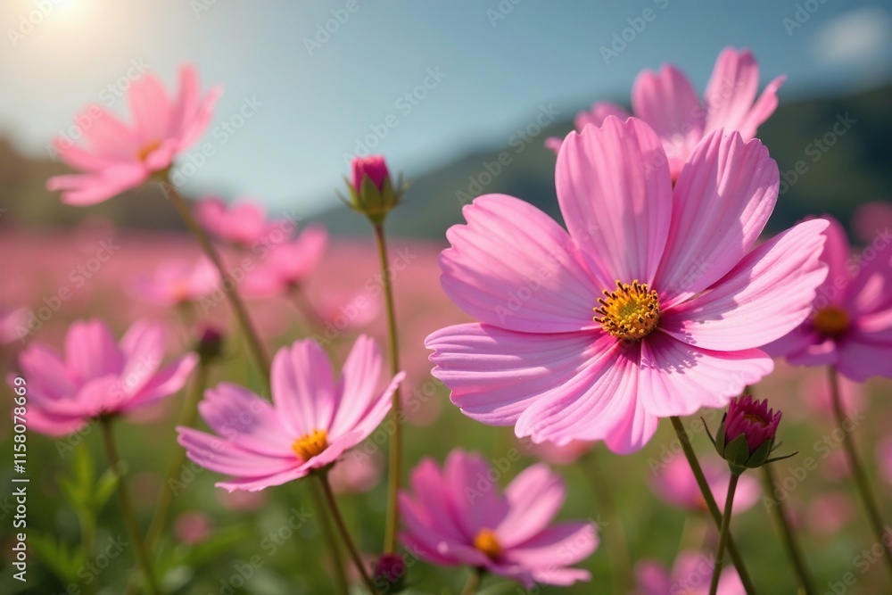 Pink cosmos bipinnatus flowers swaying gently in the breeze, flowers, sway Pink cosmos bipinnatus flowers swaying gently in the breeze, flowers, sway