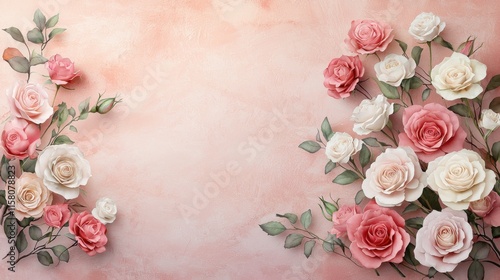 Wallpaper Mural A soft pastel background adorned with beautiful pink and white roses, creating an elegant floral frame. Torontodigital.ca