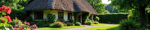 Quaint country cottage with a thatched roof and a lush garden, flowers, peaceful