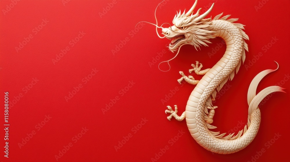 Obraz premium A detailed illustration of a mythical dragon on a vibrant red background, showcasing intricate designs and textures.