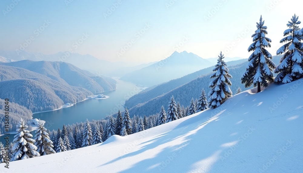 Fototapeta premium Snowy hillside with bare trees and pine trees, frostbitten landscape, snowy hillsides