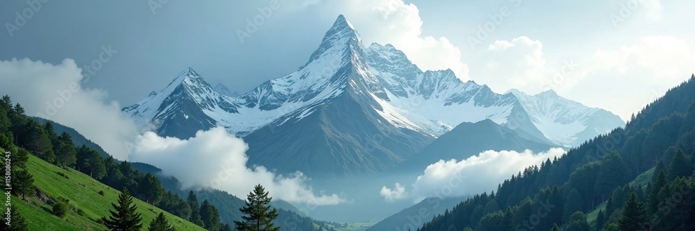 Snowy mountain top remains hidden by cloudy layer, lush, rainy, greenery Snowy mountain top remains hidden by cloudy layer, lush, rainy, greenery