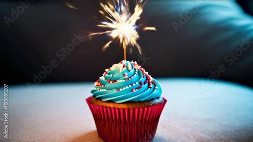 Blue cupcake with red and white sprinkles and lit sparkler on a light background