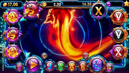 UI Interface of Fantasy Game with Fire Elemental Character, Vibrant Aesthetic, Health Bar, Level & XP Indicators, Status Effects, Inventory Slots, for Strategy and Combat Analysis photo