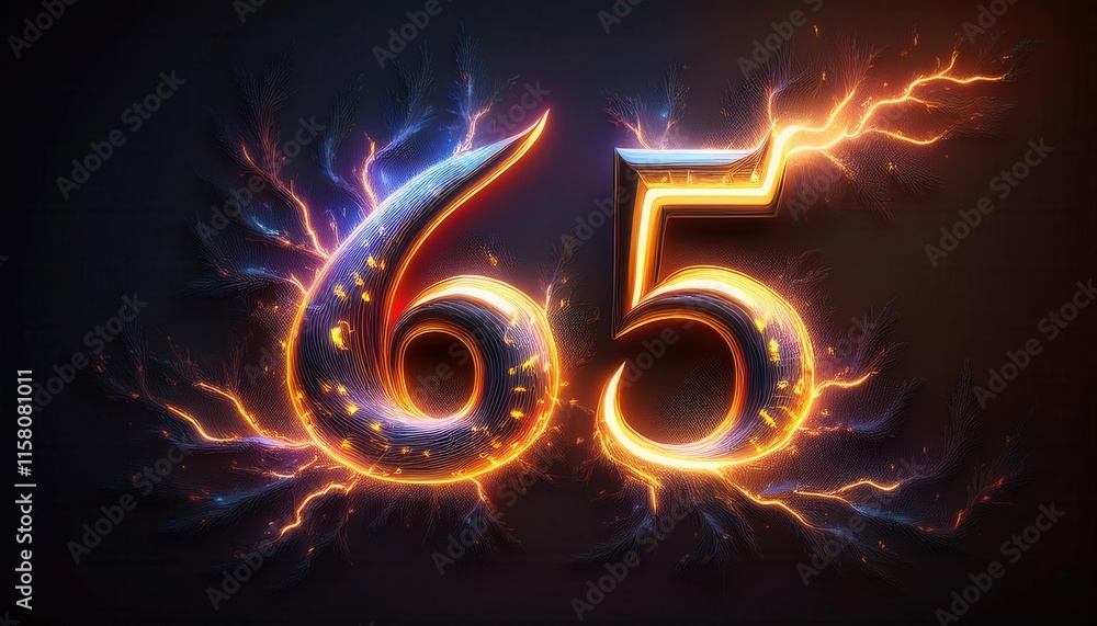 Fototapeta premium Glowing Number 65 with Electric Lightning Effects