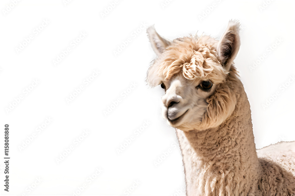 Obraz premium An adorable alpaca with fluffy fur, gazing curiously at the viewer against a stark white canvas.