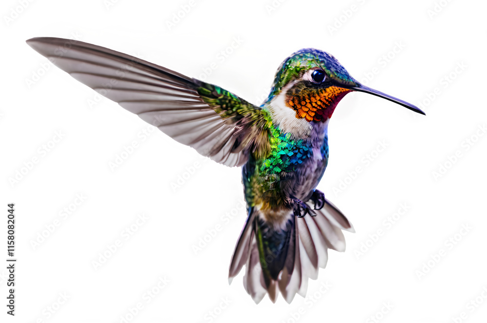 Fototapeta premium A vibrant hummingbird hovering mid-air, with its iridescent feathers and rapid wingbeats captured against a white background. 