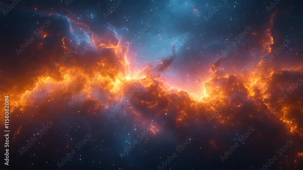 Fototapeta premium Fiery orange and blue nebula in space.
