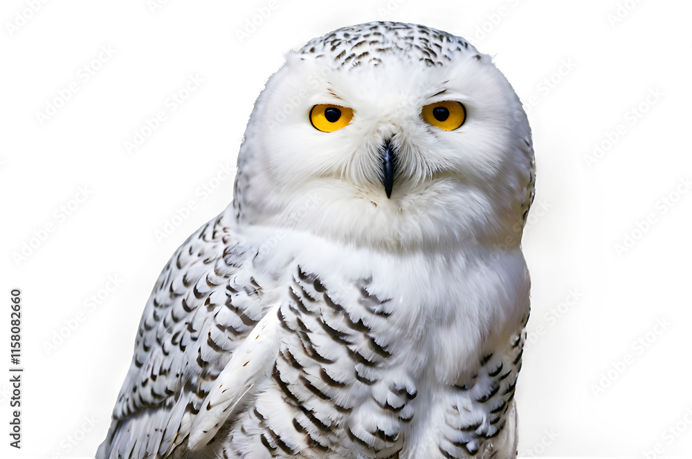 Obraz premium A snowy owl with its piercing yellow eyes and white plumage, perched regally against a simple white background. 