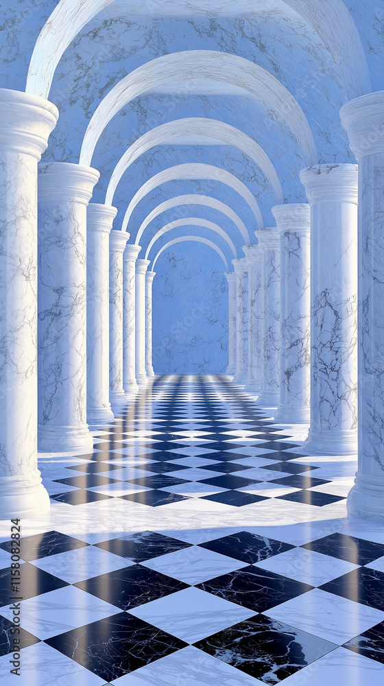 Fototapeta premium Elegant marble columns create a stunning visual in a spacious corridor with a checkered floor