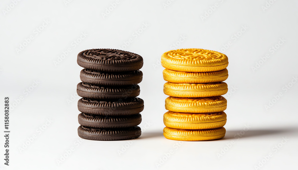 A delightful arrangement of stacked chocolate and vanilla cookies on a clean white background. A delightful arrangement of stacked chocolate and vanilla cookies on a clean white background.