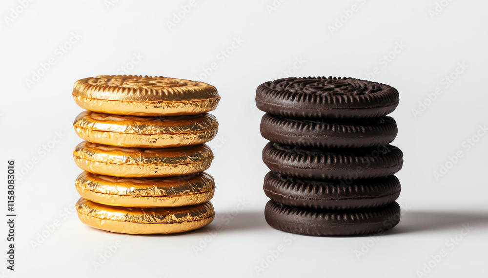 A delightful display of golden and black sandwich cookies arranged in two stacks, tempting any dessert lover. A delightful display of golden and black sandwich cookies arranged in two stacks, tempting any dessert lover.