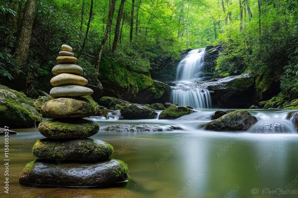 Serene waterfall scene with balanced stones in foreground. Serene waterfall scene with balanced stones in foreground.