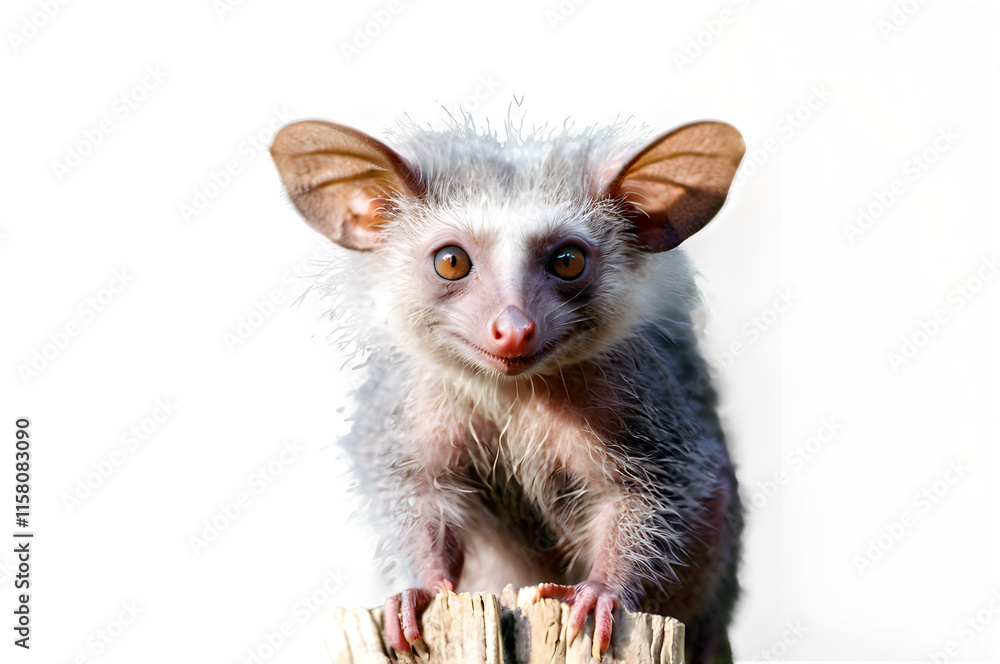 An aye-aye with its long fingers and distinctive face, poised on a branch and isolated against a plain white background.
An aye-aye with its long fingers and distinctive face, poised on a branch and isolated against a plain white background.