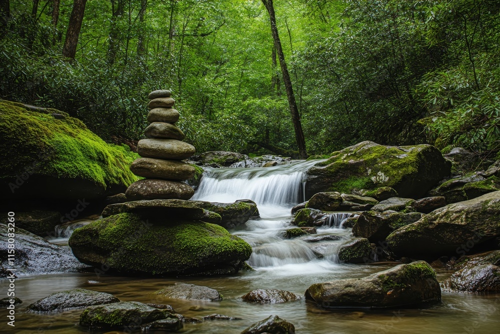 Serene stones stacked near a cascading waterfall in a lush forest. Serene stones stacked near a cascading waterfall in a lush forest.