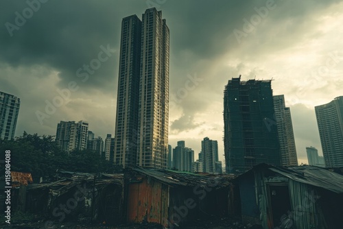 Luxury skyscraper contrasts with rundown shacks in urban landscape under a dramatic sky. Generative AI