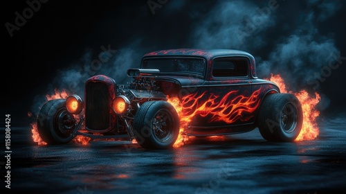 Fiery hot rod classic car with flames, smoke, dark background.