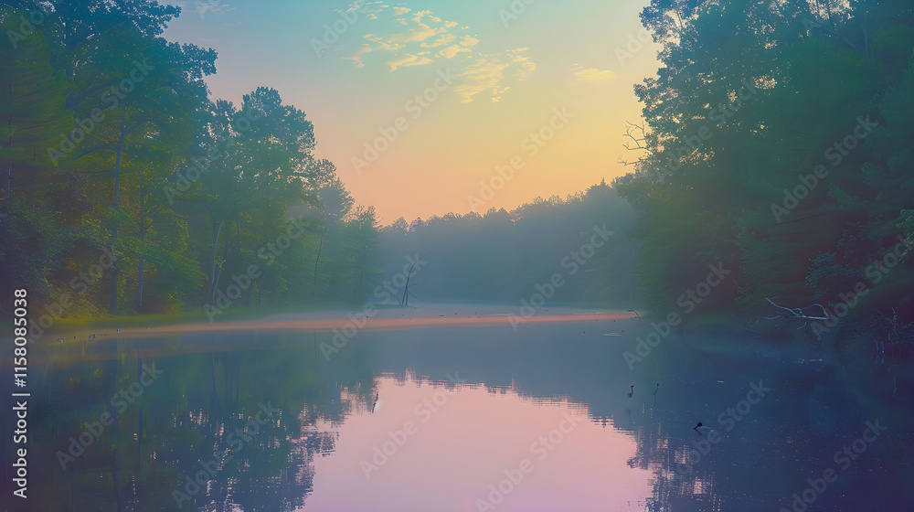 Tranquil Dawn: Serene Lakeside Landscape Bathed in Soft Pastel Hues Tranquil Dawn: Serene Lakeside Landscape Bathed in Soft Pastel Hues