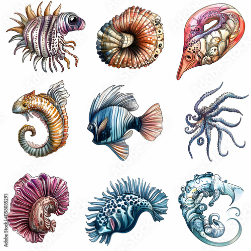 Nine Detailed Aquatic Life Illustrations: Colorful Underwater Creatures, Nautical Designs, Ocean Life Art photo