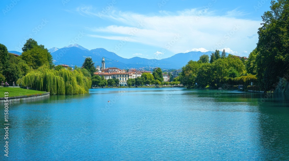 Calm lake view with lush greenery and distant mountains under a clear sky. Calm lake view with lush greenery and distant mountains under a clear sky.