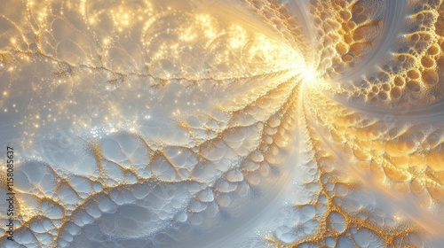 Abstract fractal art with golden and grey textures, radiating light. photo