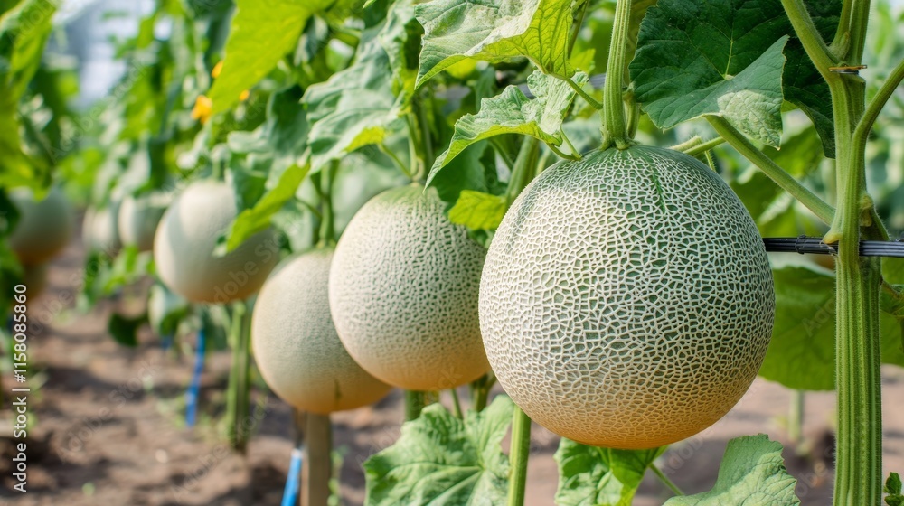 Melon Plants in a Modern Agricultural Greenhouse Cultivated for High-Yield Sustainable Farming Production - ai Melon Plants in a Modern Agricultural Greenhouse Cultivated for High-Yield Sustainable Farming Production - ai