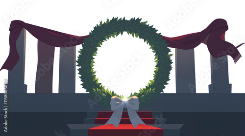 festive evergreen wreath with red ribbons tied at the sides