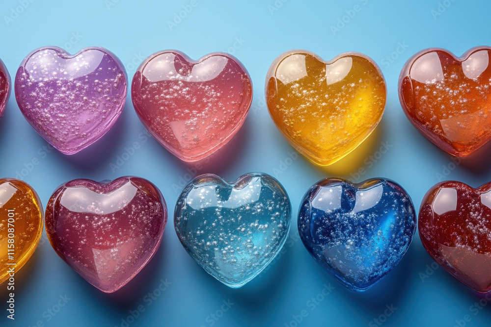 Colorful heart shaped gel candies arranged in row on blue background, showcasing variety of vibrant colors and sparkling bubbles Colorful heart shaped gel candies arranged in row on blue background, showcasing variety of vibrant colors and sparkling bubbles