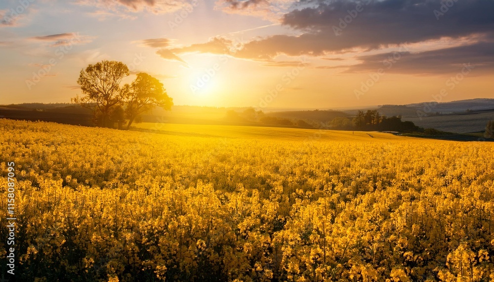 Golden Rapeseed Fields Illuminated by the Setting Sun