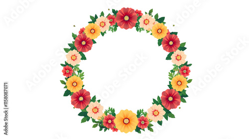 vibrant floral wreath with red and yellow flowers on a white background