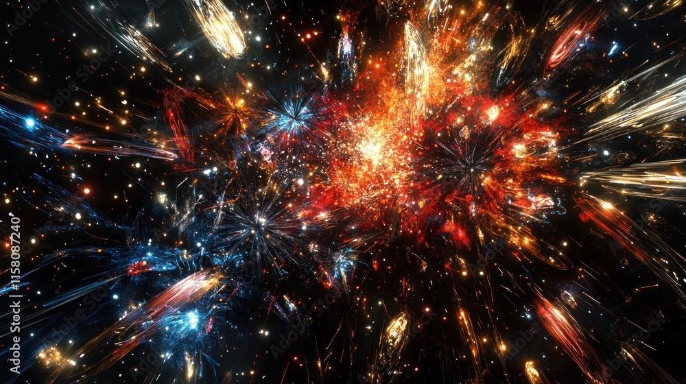 Fototapeta premium Abstract fiery explosion with vibrant colors and light streaks in dark space.