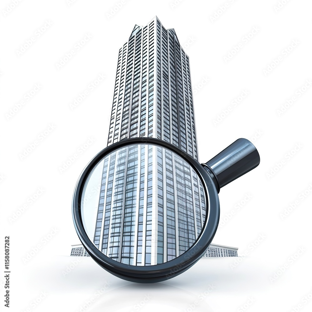 3D icon featuring a tall building and a search icon, designed in a modern style. The clean and simple design, isolated on a white background, represents the concepts of real estate, urban development, 3D icon featuring a tall building and a search icon, designed in a modern style. The clean and simple design, isolated on a white background, represents the concepts of real estate, urban development,