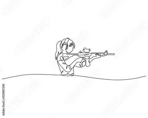 Continuous line drawing of a person in a seated position, aiming a rifle. The minimalist design captures the focus and precision required in shooting, emphasizing the elegance of the form.