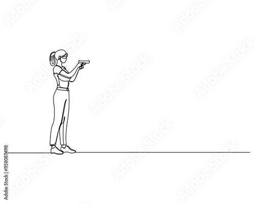 One line drawing of a woman aiming a pistol. Continuous line art of female shooter with handgun. Minimalist vector for self-defense, sport shooting, or security concepts.