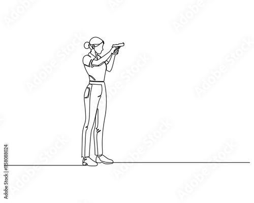 Continuous line drawing of a woman aiming a handgun. Minimalist vector illustration of female shooter. Single line art for sport shooting, self-defense, or training.