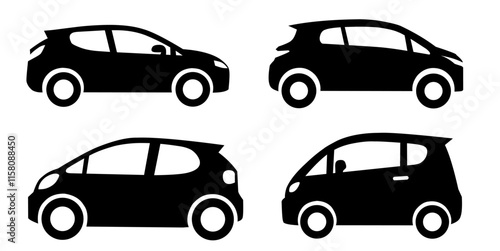 Four black silhouettes of modern compact cars, viewed from the side, isolated on a white background.