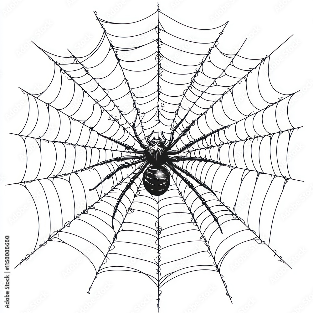Fototapeta premium Spider in its web, black and white illustration.